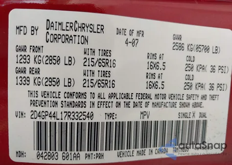 2007 Dodge Grand Caravan Sxt z USA, uszkodzony, nr VIN 2D4GP44L17R332540